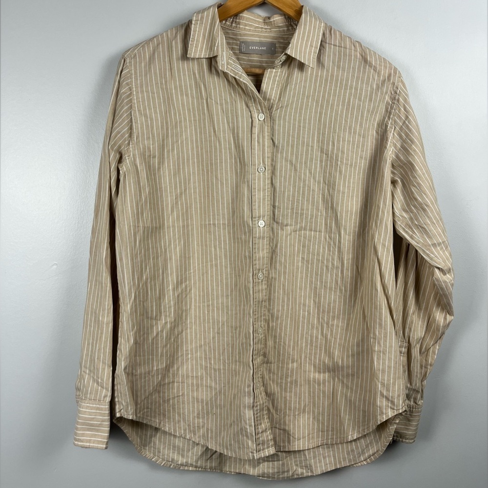 Everlane tan white button down blouse size 8 100% cotton
